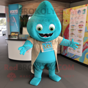 Turquoise Tacos mascot costume character dressed with a V-Neck Tee and Wallets