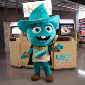 Turquoise Tacos mascot costume character dressed with a V-Neck Tee and Wallets