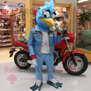 Sky Blue Woodpecker mascot costume character dressed with a Biker Jacket and Watches