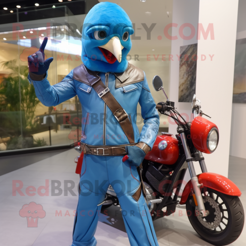 Sky Blue Woodpecker mascot costume character dressed with a Biker Jacket and Watches Sky Blue Woodpecker mascot costume character dressed with a Biker Jacket and Watches