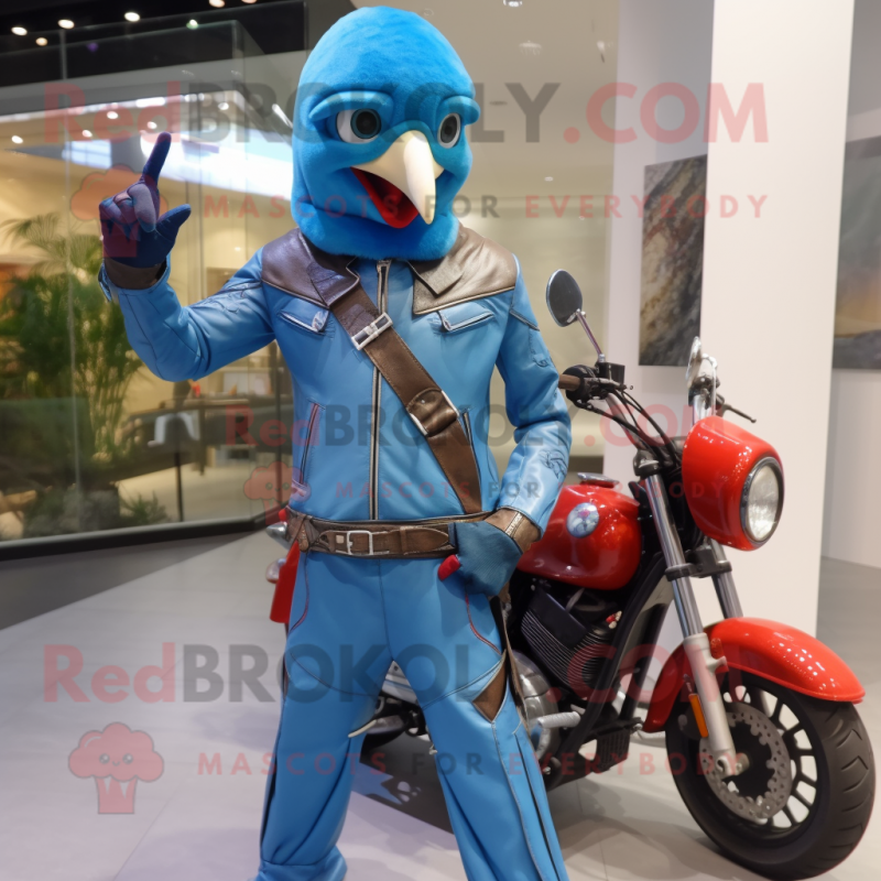 Sky Blue Woodpecker mascot costume character dressed with a Biker Jacket and Watches