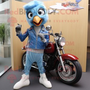 Sky Blue Woodpecker mascot costume character dressed with a Biker Jacket and Watches