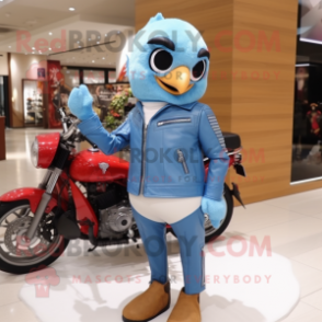 Sky Blue Woodpecker mascot costume character dressed with a Biker Jacket and Watches