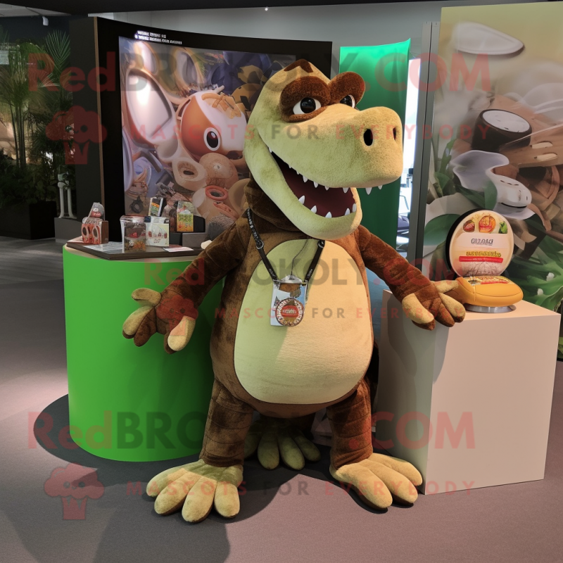 Brown Crocodile mascot costume character dressed with a Graphic Tee and Coin purses