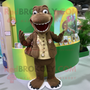 Brown Crocodile mascot costume character dressed with a Graphic Tee and Coin purses