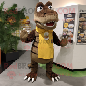 Brown Crocodile mascot costume character dressed with a Graphic Tee and Coin purses