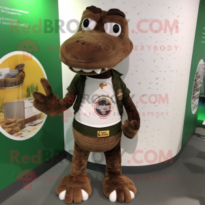 Brown Crocodile mascot costume character dressed with a Graphic Tee and Coin purses