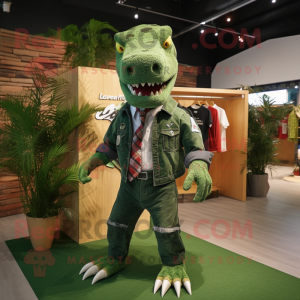 Forest Green T Rex mascot costume character dressed with a Jeans and Hair clips