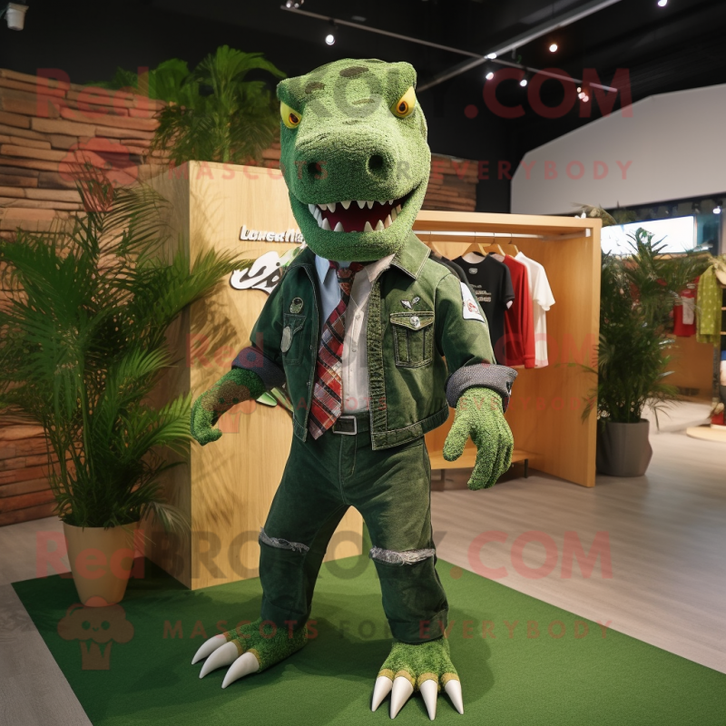 Forest Green T Rex mascot costume character dressed with a Jeans and Hair clips Forest Green T Rex mascot costume character dressed with a Jeans and Hair clips