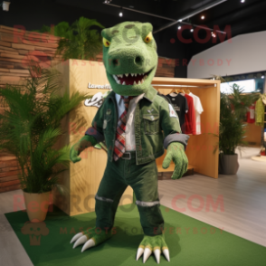 Forest Green T Rex mascot costume character dressed with a Jeans and Hair clips