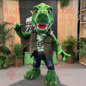 Forest Green T Rex mascot costume character dressed with a Jeans and Hair clips
