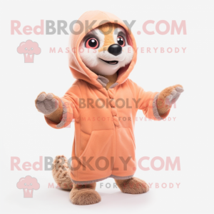 Peach Meerkat mascot costume character dressed with a Parka and Gloves