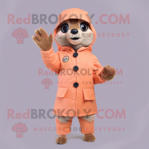 Peach Meerkat mascot costume character dressed with a Parka and Gloves