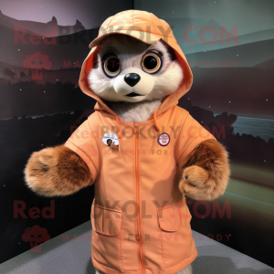 Peach Meerkat mascot costume character dressed with a Parka and Gloves