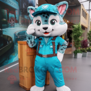 Teal Bobcat mascot costume character dressed with a Overalls and Berets