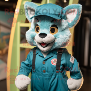 Teal Bobcat mascot costume character dressed with a Overalls and Berets