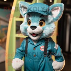 Teal Bobcat mascot costume character dressed with a Overalls and Berets