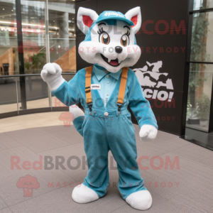 Teal Bobcat mascot costume character dressed with a Overalls and Berets