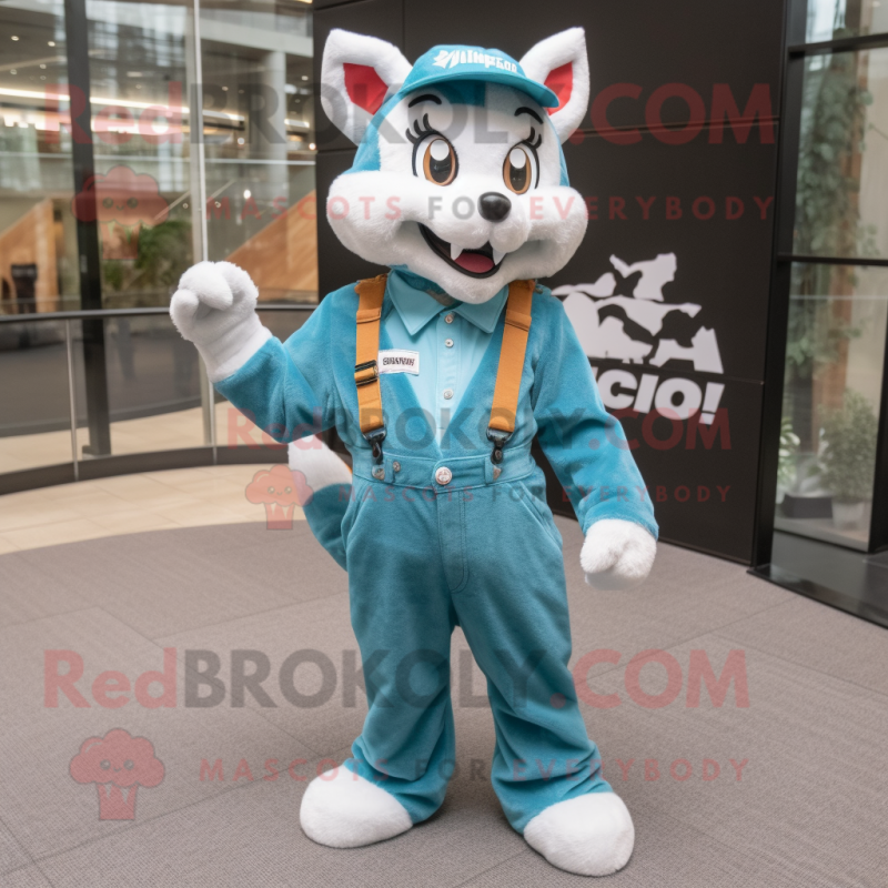 Teal Bobcat mascot costume character dressed with a Overalls and Berets Teal Bobcat mascot costume character dressed with a Overalls and Berets