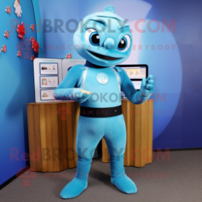 Sky Blue Acrobat mascot costume character dressed with a Turtleneck and Wallets