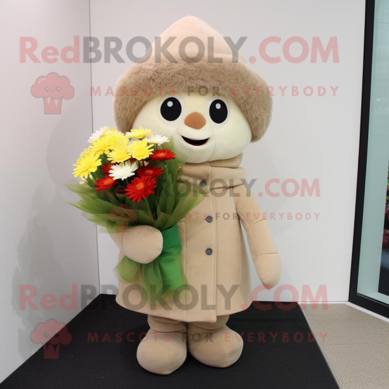Beige Bouquet Of Flowers mascot costume character dressed with a Coat and Beanies Beige Bouquet Of Flowers mascot costume character dressed with a Coat and Beanies
