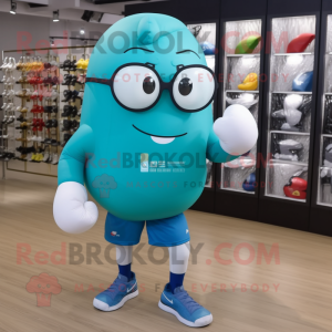 Cyan Boxing Glove mascot costume character dressed with a Running Shorts and Eyeglasses