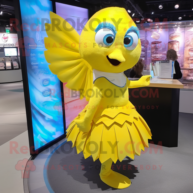 Lemon Yellow Betta Fish mascot costume character dressed with a Mini Skirt and Cufflinks