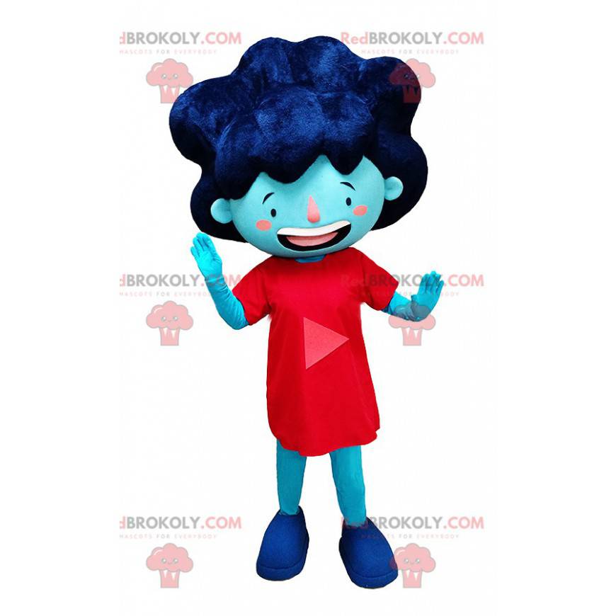 Blauw meisje mascotte in een rode jurk en groot haar -