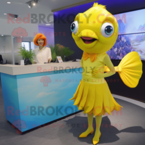 Lemon Yellow Betta Fish mascot costume character dressed with a Mini Skirt and Cufflinks