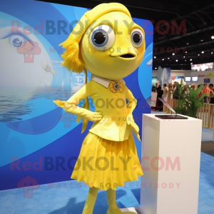 Lemon Yellow Betta Fish mascot costume character dressed with a Mini Skirt and Cufflinks