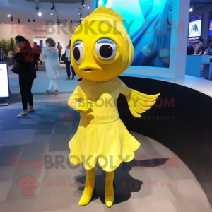 Lemon Yellow Betta Fish mascot costume character dressed with a Mini Skirt and Cufflinks