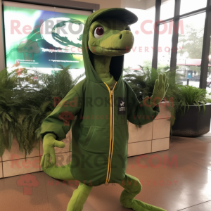 Forest Green Coelophysis mascot costume character dressed with a Windbreaker and Ties