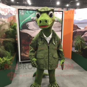 Forest Green Coelophysis mascot costume character dressed with a Windbreaker and Ties