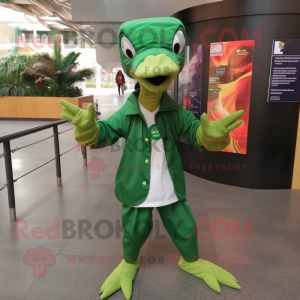 Forest Green Coelophysis mascot costume character dressed with a Windbreaker and Ties