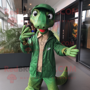 Forest Green Coelophysis mascot costume character dressed with a Windbreaker and Ties