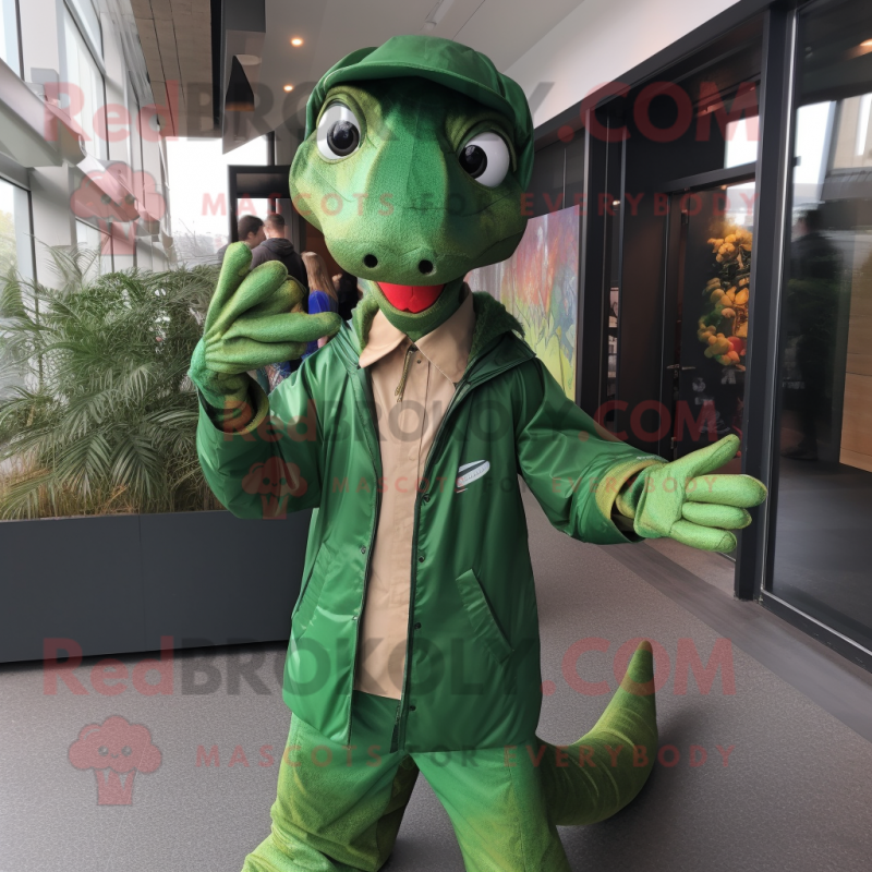 Forest Green Coelophysis mascot costume character dressed with a Windbreaker and Ties Forest Green Coelophysis mascot costume character dressed with a Windbreaker and Ties
