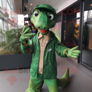 Forest Green Coelophysis mascot costume character dressed with a Windbreaker and Ties