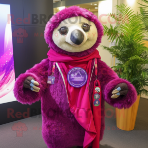 Magenta Sloth mascot costume character dressed with a Vest and Shawl pins