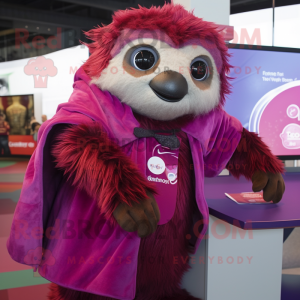 Magenta Sloth mascot costume character dressed with a Vest and Shawl pins