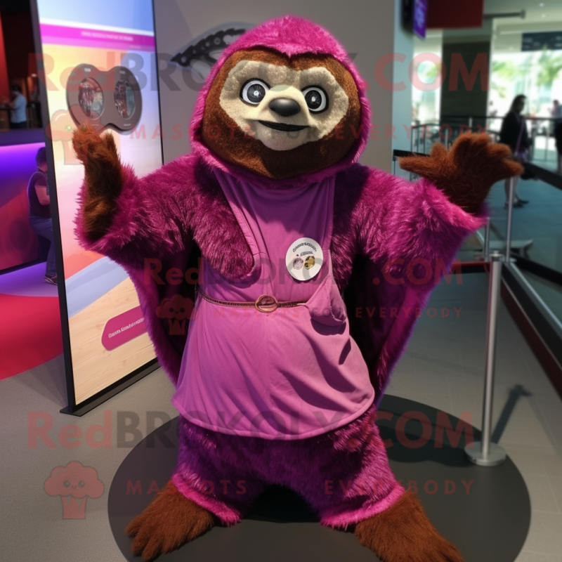 Magenta Sloth mascot costume character dressed with a Vest and Shawl pins Magenta Sloth mascot costume character dressed with a Vest and Shawl pins