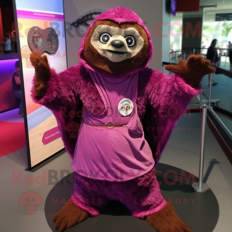 Magenta Sloth mascot costume character dressed with a Vest and Shawl pins