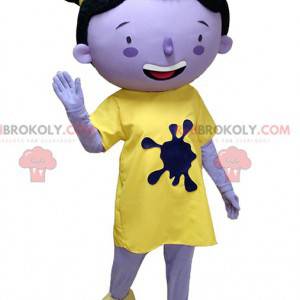 Mascotte ragazza viola in abito giallo con panini -