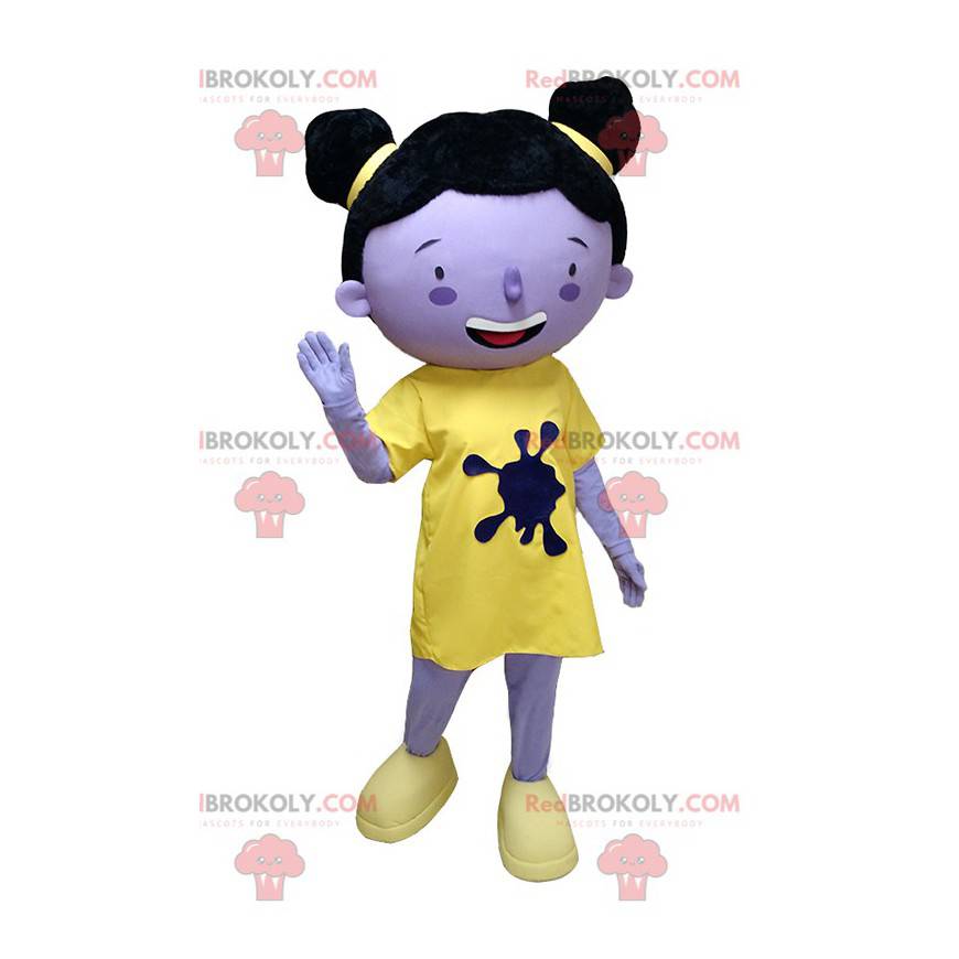 Mascotte de fillette violette en tenue jaune avec des chignons