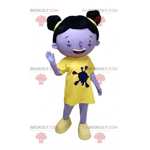 Menina mascote roxa com roupa amarela e pãezinhos -