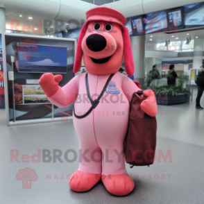 Pink Hot Dogs mascot costume character dressed with a Dress Pants and Messenger bags