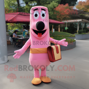 Pink Hot Dogs mascot costume character dressed with a Dress Pants and Messenger bags