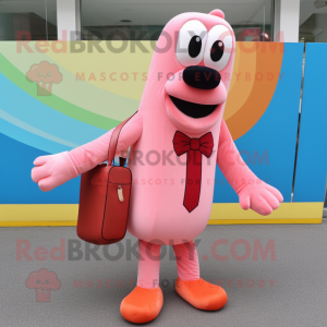 Pink Hot Dogs mascot costume character dressed with a Dress Pants and Messenger bags