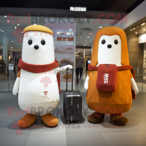 Rust Ermine mascot costume character dressed with a Sweater and Backpacks