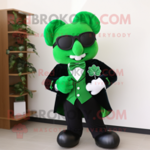 Forest Green Four Leaf Clover mascot costume character dressed with a Suit Jacket and Reading glasses
