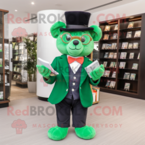 Forest Green Four Leaf Clover mascot costume character dressed with a Suit Jacket and Reading glasses